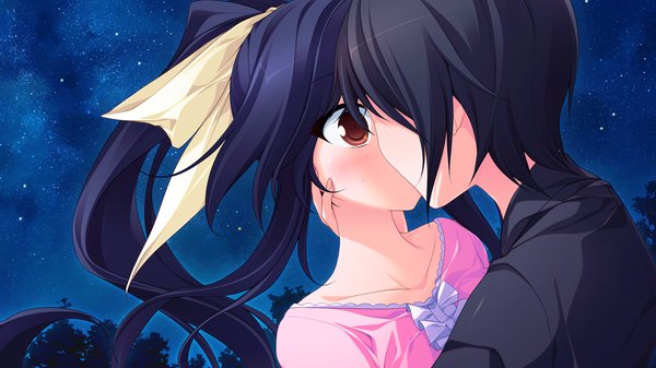 Anime picture 1280x720 with tiny dungeon (game) rosebleu long hair short hair black hair red eyes wide image game cg ponytail couple kiss girl boy