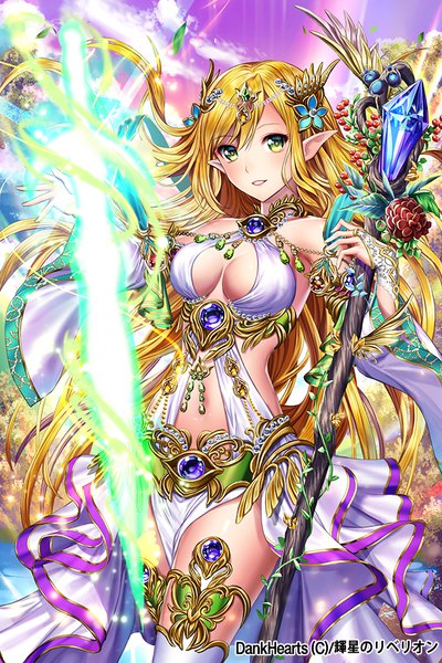 Anime picture 640x960 with original esphy single long hair tall image looking at viewer blush fringe breasts light erotic blonde hair hair between eyes standing bare shoulders holding green eyes sky cloud (clouds) outdoors parted lips