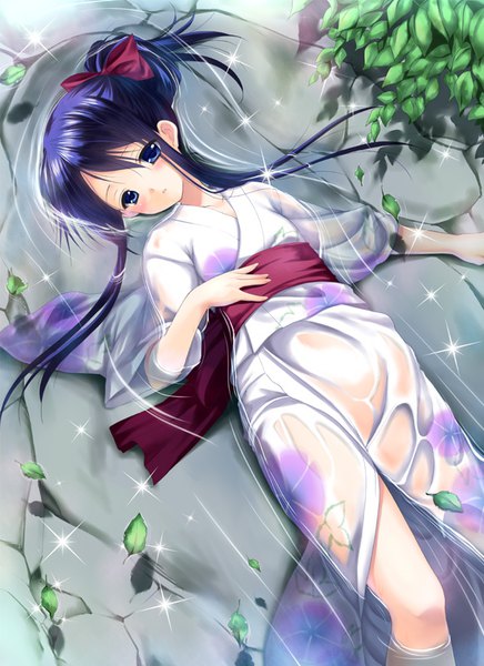 Anime picture 582x800 with original azuma yuki single long hair tall image blush blue eyes blue hair bent knee (knees) ponytail lying traditional clothes japanese clothes embarrassed partially submerged afloat girl bow hair bow water