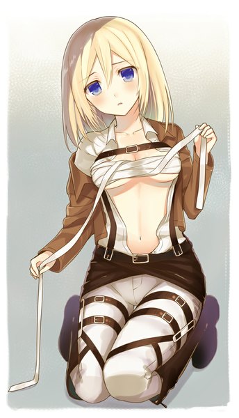 Anime picture 650x1134 with shingeki no kyojin production i.g krista lenz yuuki rika single long hair tall image looking at viewer blush blue eyes light erotic simple background blonde hair holding open clothes bare belly kneeling border blue background framed