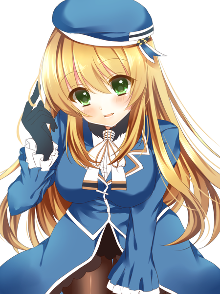 Anime picture 1200x1600 with kantai collection atago heavy cruiser saijou haruki single long hair tall image blush simple background blonde hair smile white background green eyes parted lips girl dress gloves pantyhose black gloves beret