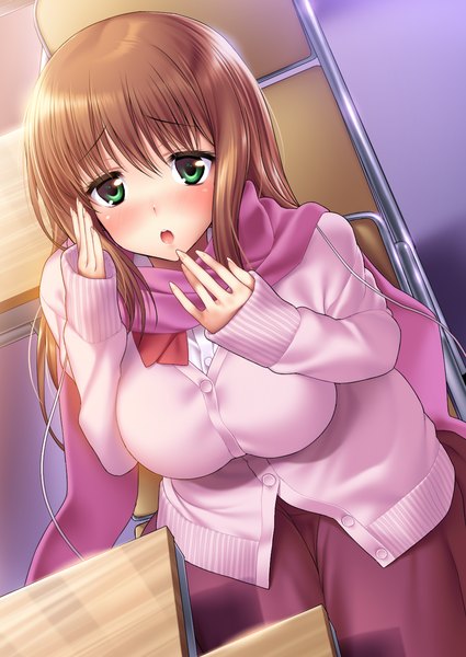Anime picture 1031x1457 with saki matsumi yuu suzume inui single long hair tall image blush breasts open mouth brown hair large breasts green eyes girl scarf sweater