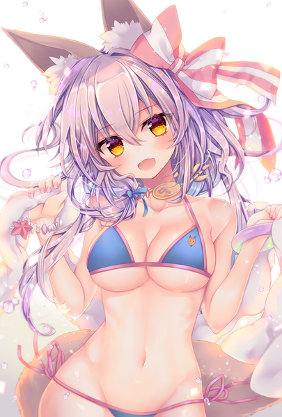 Anime picture 700x1037 with fate (series) fate/grand order tamamo (fate) (all) tamamo no mae (swimsuit lancer) (fate) konno kengo single long hair tall image looking at viewer blush fringe breasts open mouth light erotic simple background hair between eyes large breasts white background animal ears yellow eyes