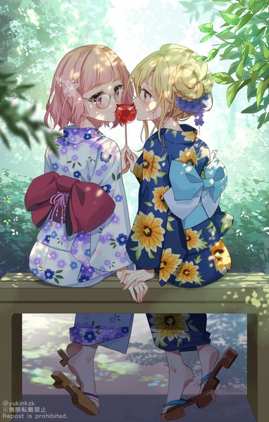 Anime picture 1500x2357 with original nekozuki yuki tall image fringe short hair blonde hair sitting purple eyes multiple girls pink hair outdoors blunt bangs traditional clothes japanese clothes profile from behind floral print holding hands shoujo ai girl