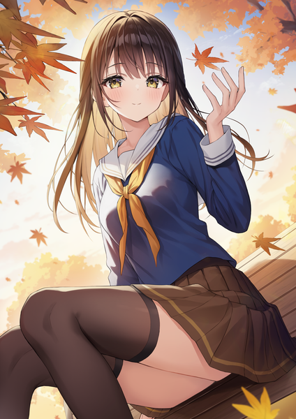 Anime picture 1414x2000 with original kuro futoshi single long hair tall image looking at viewer blush fringe light erotic smile brown hair sitting brown eyes outdoors blunt bangs long sleeves pleated skirt arm up from below girl