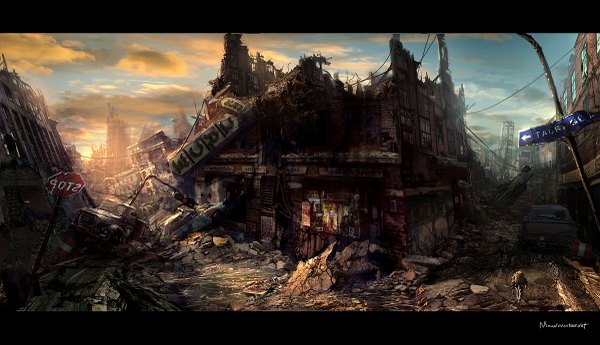 Anime picture 1200x691 with original moonworker1 seung jin woo wide image city evening sunset cityscape ruins street destruction post-apocalyptic ground vehicle car traffic sign directional arrow