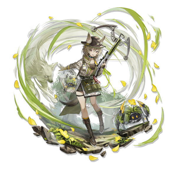 Anime picture 2048x2048 with arknights beanstalk (arknights) metal crab (arknights) kang yiqian (self cultivation) single long hair fringe highres hair between eyes red eyes brown hair animal ears full body tail braid (braids) animal tail official art single braid transparent background lacing