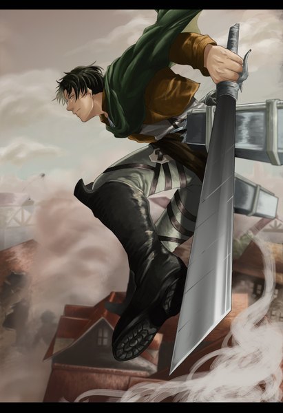 Anime picture 1252x1827 with shingeki no kyojin production i.g levi (rivaille) obita single tall image short hair black hair brown eyes open clothes open jacket letterboxed boy weapon sword boots belt thigh strap
