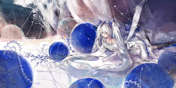 Anime picture 1600x800 with vocaloid hatsune miku yuki miku susu (artist) single blue eyes wide image twintails white hair very long hair girl dress plant (plants) book (books) ball