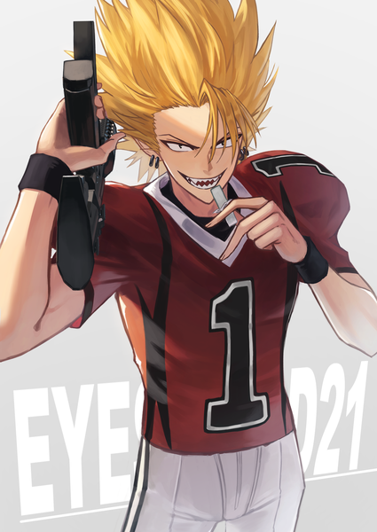 Anime picture 2508x3541 with eyeshield 21 production i.g hiruma youichi hara kenshi single long hair tall image highres blonde hair smile standing pointy ears teeth copyright name gradient background piercing sharp teeth spiked hair boy uniform