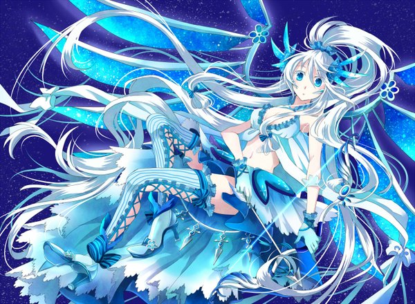 Anime picture 1400x1028 with original nekozuki yuki single looking at viewer blue eyes white hair ponytail very long hair head wings girl thighhighs dress gloves navel bow hair bow wings bow (weapon) arrow (arrows)