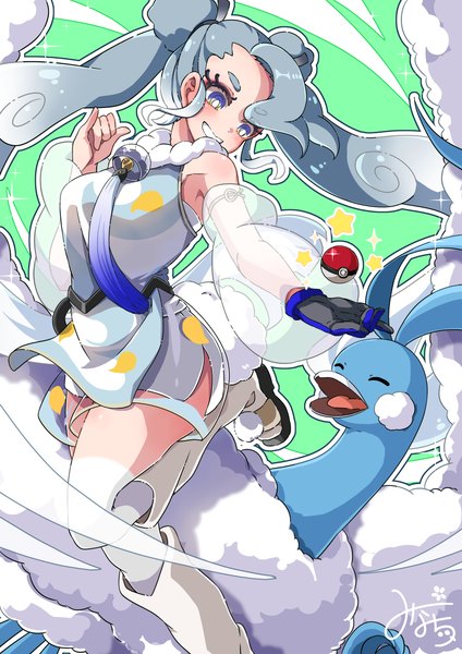 Anime-Bild 2894x4093 mit pokemon vocaloid nintendo project voltage hatsune miku altaria flying miku (project voltage) shidou riko single long hair tall image highres blue eyes smile standing twintails looking away grey hair grin standing on one leg