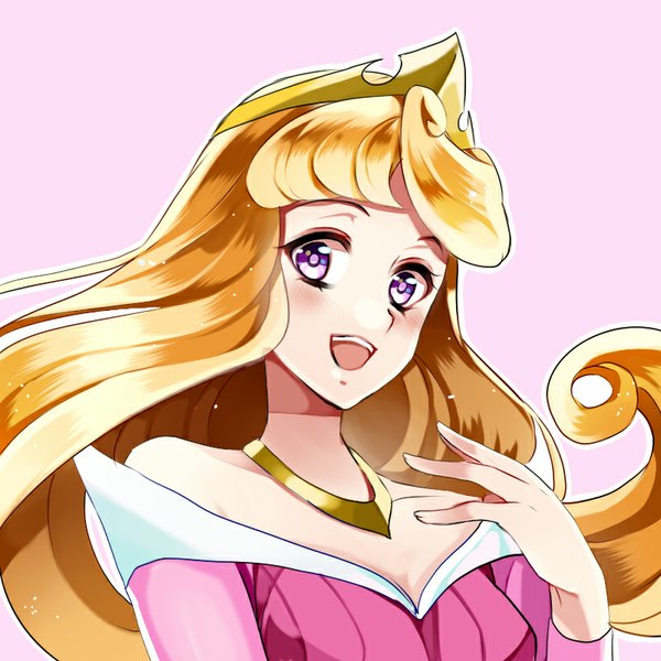 Anime picture 800x800 with sleeping beauty aurora (sleeping beauty) kurabayashi single long hair looking at viewer blush fringe open mouth blonde hair simple background purple eyes :d portrait pink background girl dress necklace crown pink dress