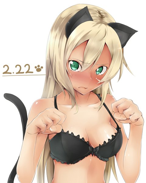 Anime picture 800x1000 with strike witches heinrike prinzessin zu sayn-wittgenstein hatsumi nekuta single long hair tall image looking at viewer blush fringe open mouth light erotic blonde hair simple background white background green eyes animal ears tail animal tail cat ears cat tail