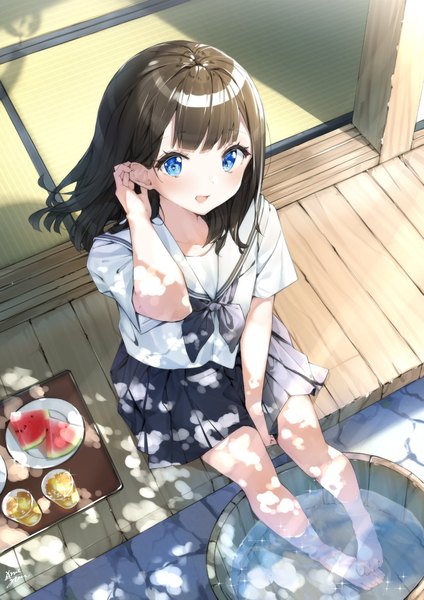 Anime picture 1447x2048 with original takenoko no you single tall image looking at viewer blush fringe short hair open mouth blue eyes smile brown hair sitting full body outdoors blunt bangs :d pleated skirt barefoot arm up