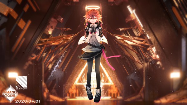 Anime picture 3520x1980 with arknights exusiai (arknights) tianye toshi single looking at viewer fringe highres short hair smile hair between eyes wide image signed full body red hair indoors orange eyes grin dated hands clasped weightlessness