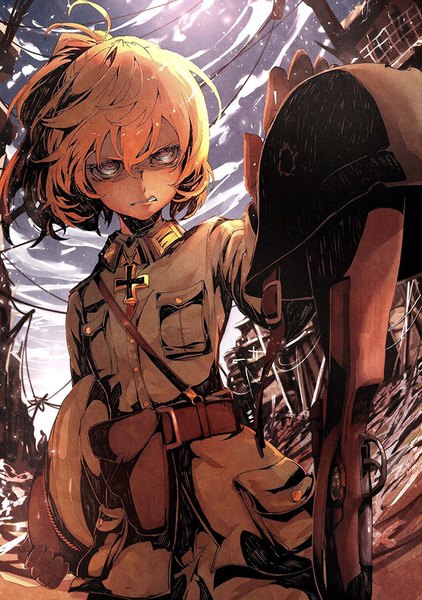 Anime picture 610x867 with youjo senki tanya degurechaff shinotsuki shinobu tall image fringe short hair open mouth blonde hair smile purple eyes arm up official art teeth grin city looking up ruins uniform weapon belt