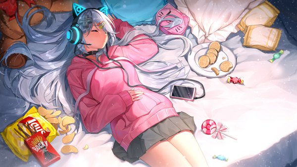 Anime picture 4000x2249 with virtual youtuber lay's meridian project mizuki (vtuber) illian-san single long hair fringe highres wide image absurdres silver hair indoors lying eyes closed long sleeves arm up from above grey hair on back