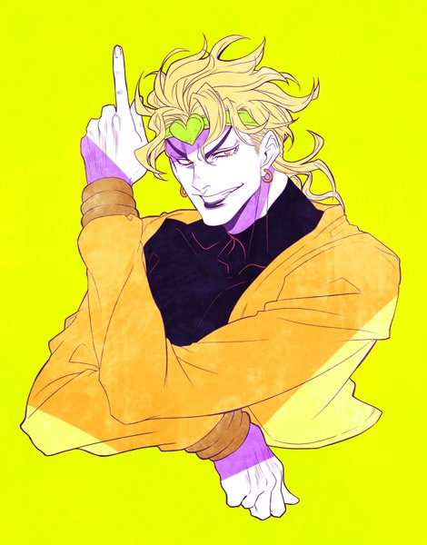 Anime picture 950x1212 with jojo no kimyou na bouken dio brando matcha cream v long hair tall image simple background blonde hair smile yellow eyes upper body arm up lipstick piercing ear piercing eyebrows yellow background messy hair black lipstick jojo pose boy