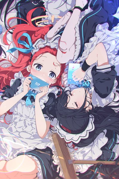 Anime picture 1100x1659 with blue archive aris (blue archive) aris (maid) (blue archive) yuzu (blue archive) yuzu (maid) (blue archive) ogipote long hair tall image blush blue eyes black hair multiple girls red hair lying eyes closed maid on back official alternate costume on side sleeping