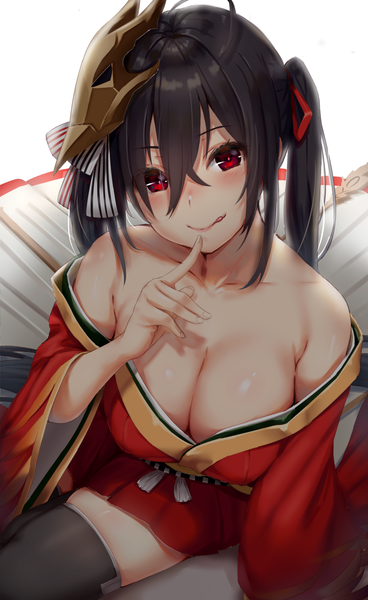 Anime picture 920x1500 with azur lane taihou (azur lane) reinama single long hair tall image blush fringe breasts light erotic black hair simple background hair between eyes red eyes large breasts white background twintails bare shoulders payot cleavage