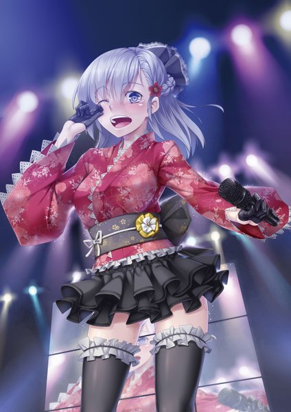 Anime picture 1000x1414 with original h kasei single tall image looking at viewer blush short hair open mouth silver hair one eye closed wink silver eyes girl thighhighs dress gloves black thighhighs microphone