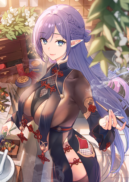 Anime picture 2138x3000 with original sino42 single long hair tall image looking at viewer fringe highres breasts blue eyes light erotic hair between eyes large breasts standing holding purple hair indoors braid (braids) traditional clothes light smile