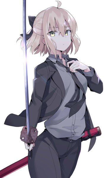 Anime picture 1830x3035 with fate (series) fate/grand order koha-ace okita souji (fate) (all) okita souji (koha-ace) 100% single tall image looking at viewer fringe highres short hair breasts simple background blonde hair hair between eyes standing white background holding yellow eyes