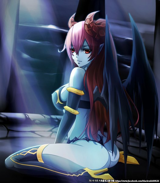 Anime picture 1000x1143 with dota 2 (game) akasha banshee (dota 2) blackrabbit0626 single long hair tall image breasts light erotic red eyes large breasts pink hair ass looking back horn (horns) pointy ears demon wings blue skin girl wings