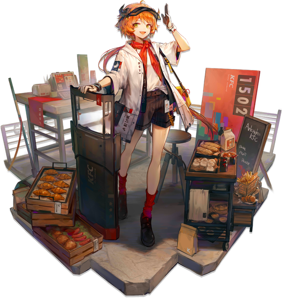 Anime picture 1755x1856 with arknights kfc (company) croissant (arknights) croissant (seven am) (arknights) huanxiang heitu single long hair tall image looking at viewer highres open mouth standing green eyes full body ahoge :d arm up horn (horns) orange hair open jacket