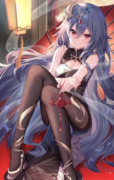 Anime picture 3902x6140 with honkai impact 3rd honkai (series) fu hua fu hua (herrscher of sentience) shanguier single long hair tall image looking at viewer blush fringe highres breasts smile hair between eyes red eyes sitting bare shoulders holding absurdres