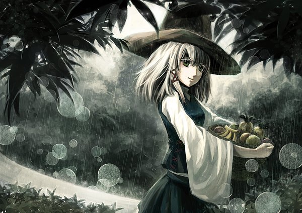 Anime picture 1100x778 with touhou moriya suwako crowdesu short hair blonde hair green eyes rain girl skirt plant (plants) hat skirt set fruit