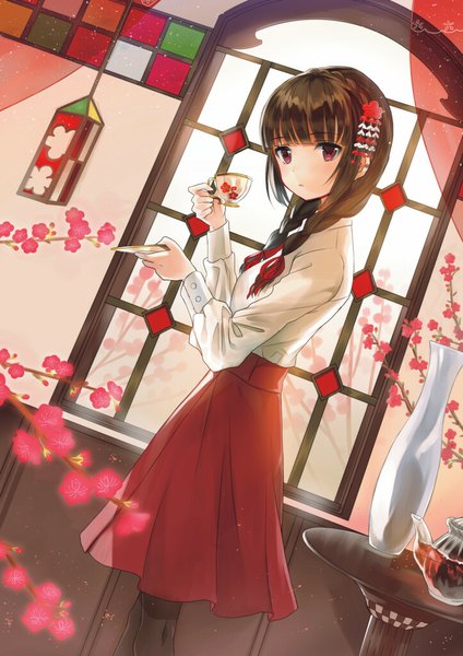 Anime picture 723x1023 with original hayama eishi single long hair tall image looking at viewer red eyes brown hair girl dress skirt hair ornament flower (flowers) window cup