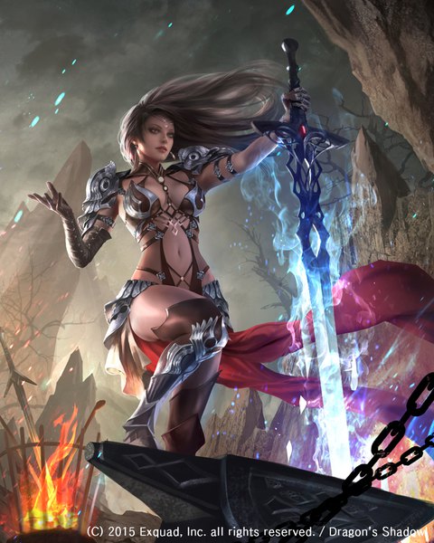 Anime picture 800x1000 with dragon's shadow litius (dragon's shadow) eudia (serenity2200) single long hair tall image breasts light erotic brown hair standing holding brown eyes looking away bent knee (knees) outdoors parted lips wind lips realistic copyright name