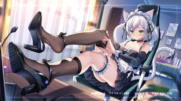 Anime picture 1920x1080 with original sannio single looking at viewer blush fringe highres short hair breasts light erotic hair between eyes wide image sitting green eyes signed animal ears silver hair full body ahoge indoors