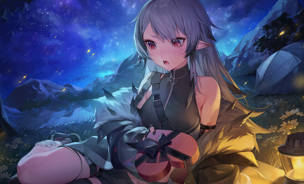 Anime picture 7000x4236 with original monosucre single long hair fringe highres open mouth red eyes wide image sitting bare shoulders holding absurdres nail polish pointy ears grey hair off shoulder night mole night sky