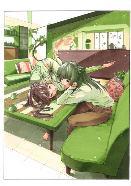 Anime picture 1701x2408 with original gagaimo tall image highres open mouth smile brown hair sitting multiple girls green eyes animal ears indoors tail lying long sleeves animal tail barefoot green hair cat ears cat girl