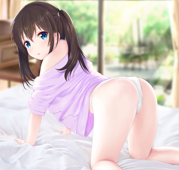 Anime picture 1400x1326 with original mito ichijyo single long hair looking at viewer blush fringe blue eyes light erotic hair between eyes brown hair twintails ass indoors parted lips looking back off shoulder depth of field on all fours girl