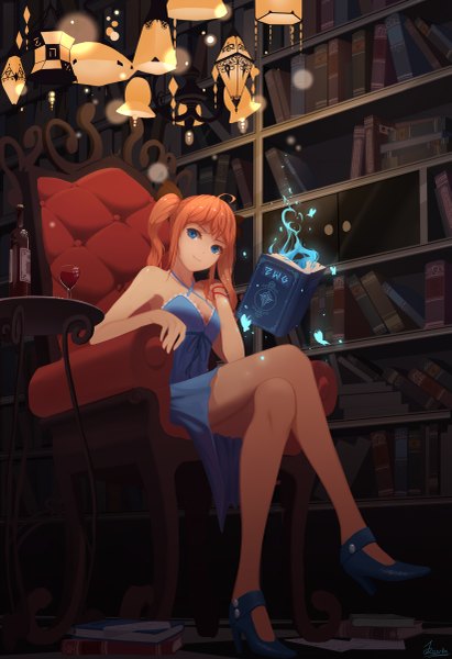 Anime picture 823x1200 with original pixiv fantasia pixiv fantasia t kevin kimi ganbatte single long hair tall image fringe breasts blue eyes smile sitting twintails cleavage ahoge indoors head tilt orange hair legs sleeveless