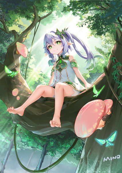 Anime picture 2026x2865 with genshin impact nahida (genshin impact) crystalfly (genshin impact) minoominoomi single long hair tall image looking at viewer fringe highres smile hair between eyes sitting green eyes signed silver hair full body outdoors barefoot pointy ears
