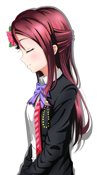 Anime picture 2293x4128 with love live! sunshine!! sunrise (studio) love live! sakurauchi riko rex single long hair tall image blush fringe highres simple background hair between eyes white background red hair eyes closed profile hair flower light smile half updo