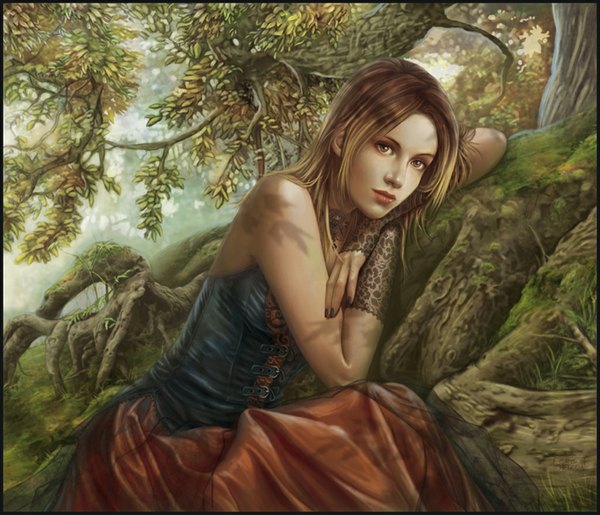 Anime picture 1024x879 with cris ortega (dark-spider) single long hair brown hair brown eyes nail polish lips realistic framed girl dress plant (plants) tree (trees) grass