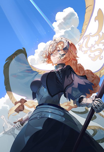 Anime picture 1372x2000 with fate (series) fate/grand order jeanne d'arc (fate) (all) jeanne d'arc (fate) fajyobore single long hair tall image breasts blue eyes blonde hair holding sky cloud (clouds) braid (braids) sunlight single braid looking up girl weapon