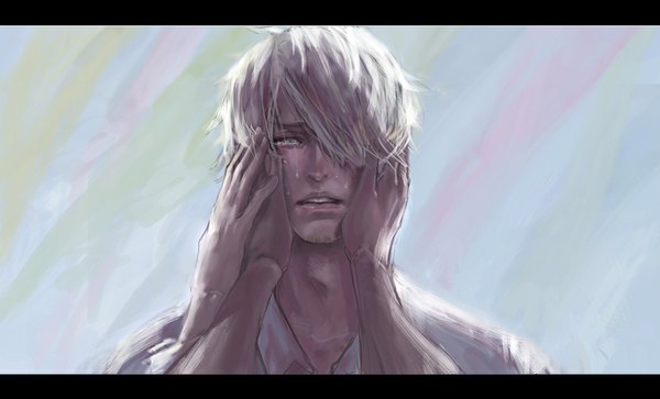 Anime picture 1052x638 with one piece toei animation sanji quanro single looking at viewer fringe short hair open mouth blonde hair wide image aqua eyes hair over one eye tears letterboxed face crying hand on cheek hands on face boy