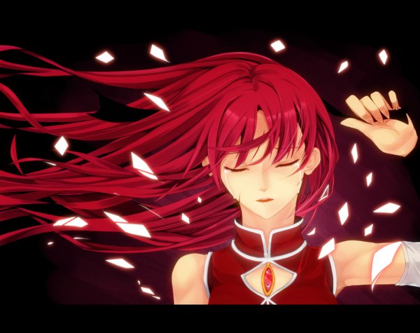 Anime picture 1600x1269 with mahou shoujo madoka magica shaft (studio) sakura kyouko yuki (nanao yuki) single long hair red hair eyes closed tears letterboxed girl petals choker