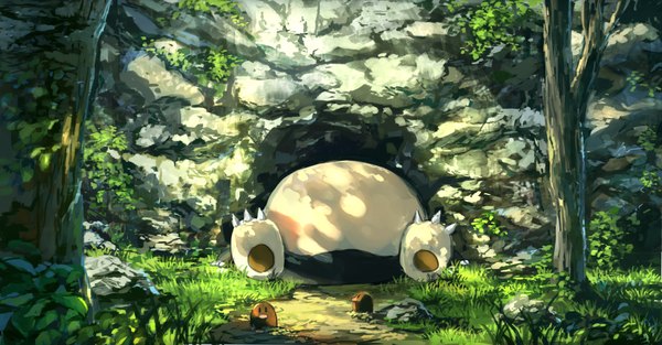 Anime picture 1916x1000 with pokemon pokemon rgby nintendo snorlax diglett pippi (pixiv 1922055) highres wide image lying sleeping no people gen 1 pokemon plant (plants) animal tree (trees) grass forest stone (stones) creature bear