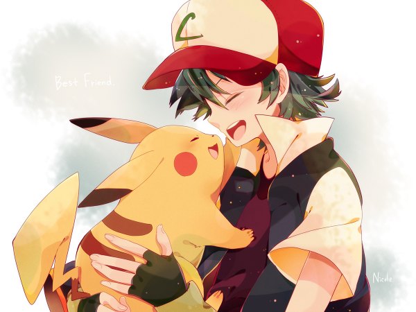 Anime picture 1200x900 with pokemon nintendo pikachu ash ketchum nicole (usako) blush short hair open mouth black hair signed eyes closed profile happy gen 1 pokemon gloves animal fingerless gloves flat cap