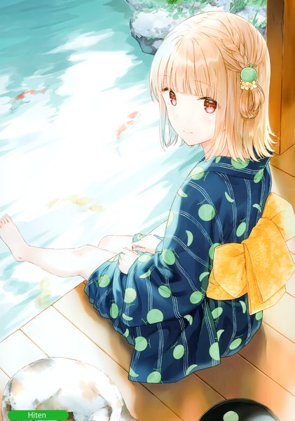 Anime picture 2076x2958 with melonbooks hiten (hitenkei) single tall image looking at viewer blush fringe highres short hair blonde hair smile red eyes sitting signed blunt bangs braid (braids) traditional clothes japanese clothes barefoot from above