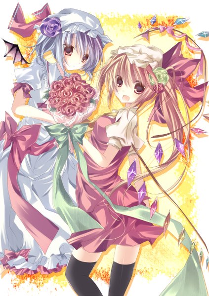 Anime picture 1748x2480 with touhou flandre scarlet remilia scarlet kisaragi kiriha tall image highres open mouth blonde hair red eyes multiple girls silver hair one side up bat wings girl thighhighs dress flower (flowers) bow black thighhighs 2 girls