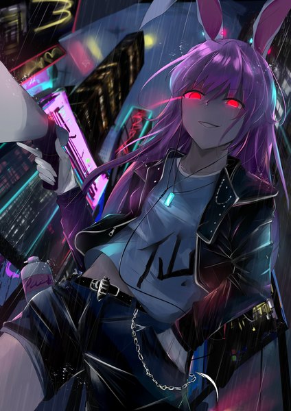 Anime picture 2480x3507 with touhou reisen udongein inaba dleung single long hair tall image looking at viewer fringe highres smile hair between eyes red eyes standing holding animal ears payot purple hair outdoors wind night